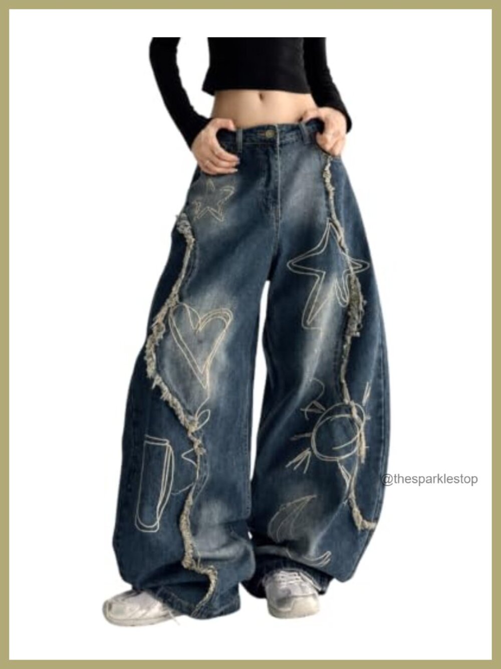High Rise Barrel Jeans Wide Leg Embroidered Star Denim Pants